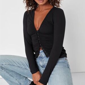 Lulus Perfectly Pleased Black Ruched Long Sleeve Top - Size M